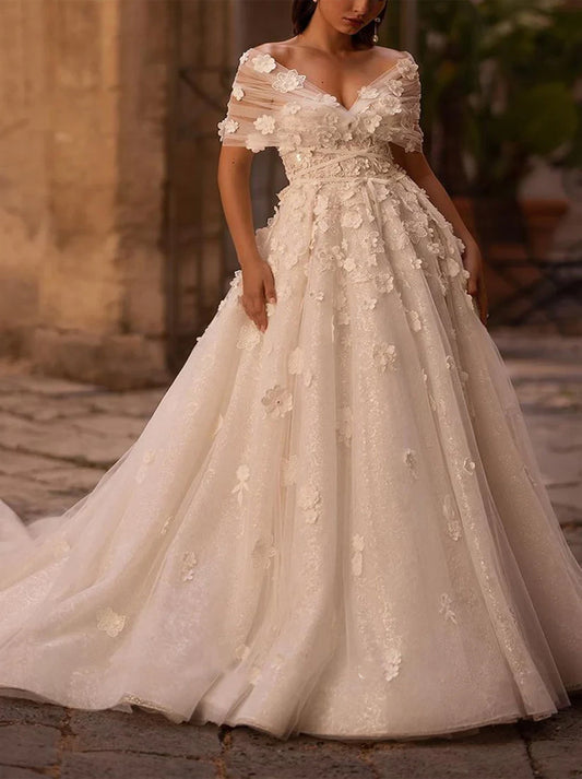 Elegant & Simple A-Line Wedding Dresses Sweetheart Appliqued Detachable Cap Sleeves Tulle Sweep Train Bridal Gowns