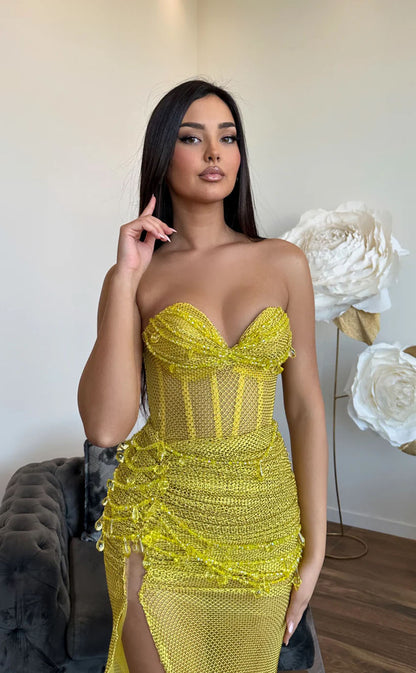 RP1728-Sparkling Yellow Mermaid Sweetheart Sequins Sleeveless Floor Length Sequins Prom Evening Dresses Formal Party Gowns With Slit