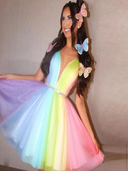 Colorful A Line Short V Neck Sleeveless Crystals Belt Mini Birthday Party Gown Ruched Tulle Rainbow Homecoming Graduation Dresses Cocktail Dress