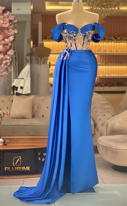 RP394-Gorgeous Blue Mermaid Off-the-Shoulder Crystals Beaded Ruched Cap Sleeves Satin Prom Evening Dresses Formal Party Gowns With Slit