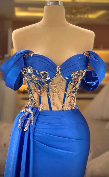 RP394-Gorgeous Blue Mermaid Off-the-Shoulder Crystals Beaded Ruched Cap Sleeves Satin Prom Evening Dresses Formal Party Gowns With Slit