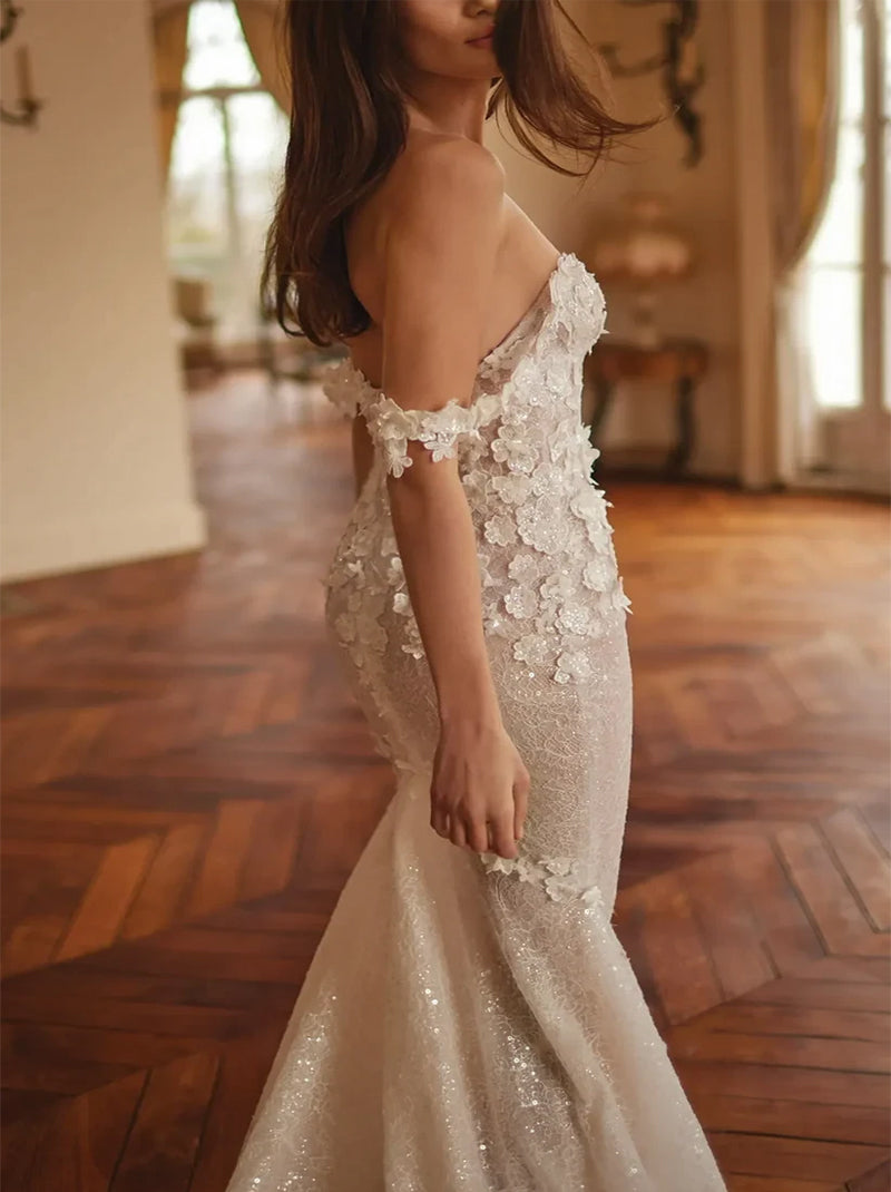 Classic Mermaid Wedding Dresses Sweetheart Appliqued Sequins Tulle Bridal Gowns Custom Made With Sweep Train