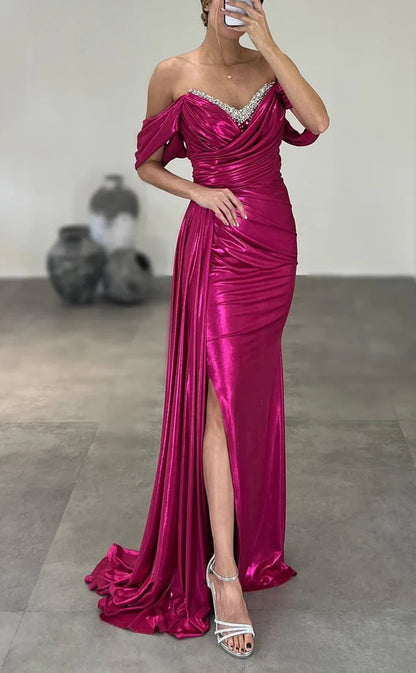 RP734-Elegant Fuchsia Mermaid Off-the-Shoulder Ruched Crystals Cap Sleeves Long Prom Evening Dresses Formal Party Gowns With Slit