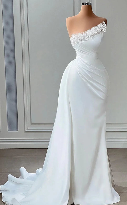 RP808-New Arrivals Mermaid White One Shoulder Ruched Beads Pearls Long Prom Evening Dresses Formal Party Gowns With Slit