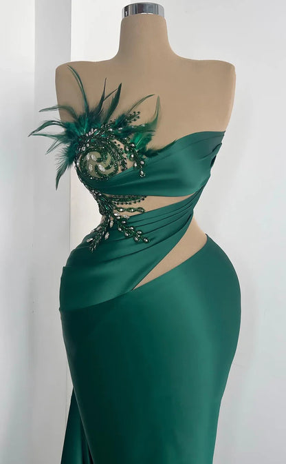 RP809-New Arrivals Mermaid Green Strapless Beads Feathers Long Prom Evening Dresses Formal Party Gowns