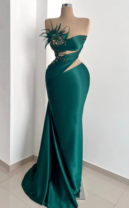 RP809-New Arrivals Mermaid Green Strapless Beads Feathers Long Prom Evening Dresses Formal Party Gowns