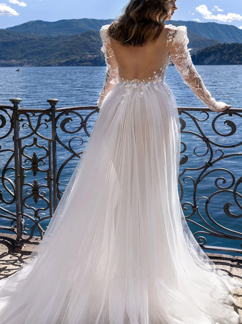 Elegant & Gorgeous A-Line Wedding Dresses V-Neck Appliqued Beads Tulle Bridal Gowns Custom With Side Slit