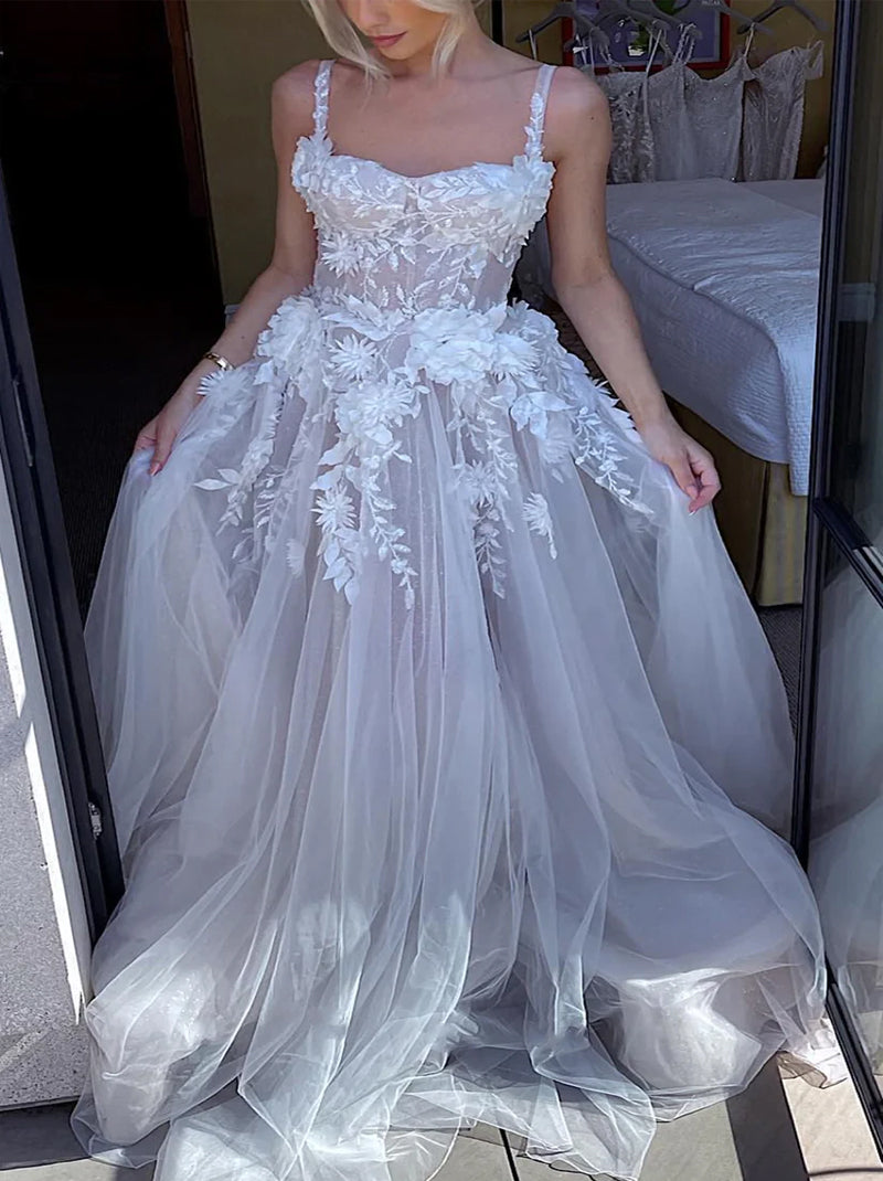 Elegant & Gorgeous A-Line Wedding Dresses Spaghetti Appliqued Beads Tulle Bridal Gowns Custom With Side Slit