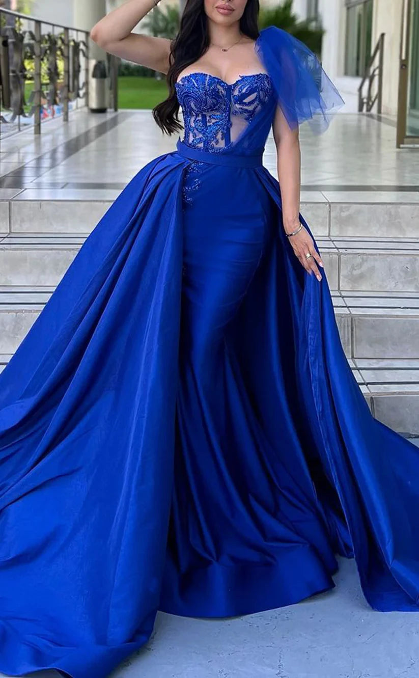 RP1755-Gorgeous Royal Blue One Shoulder Beads Appliqued Sleeveless Satin Prom Evening Dresses Formal Party Gowns With Train