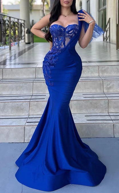 RP1755-Gorgeous Royal Blue One Shoulder Beads Appliqued Sleeveless Satin Prom Evening Dresses Formal Party Gowns With Train