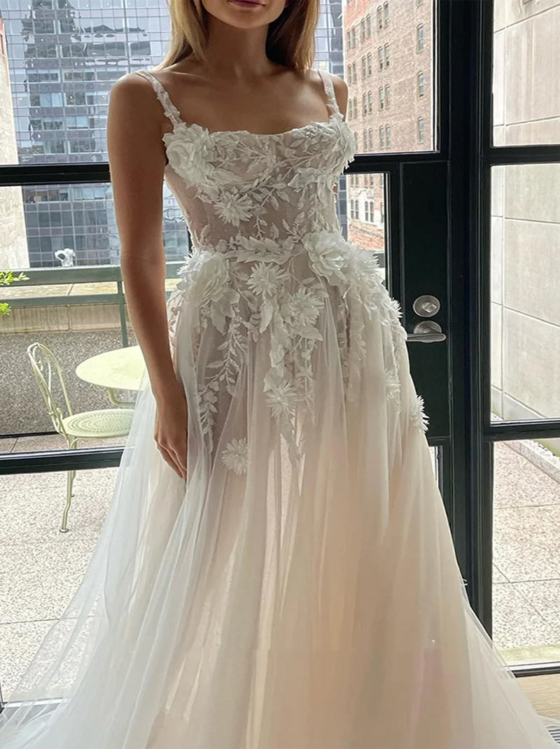 Elegant & Gorgeous A-Line Wedding Dresses Spaghetti Appliqued Beads Tulle Bridal Gowns Custom With Side Slit