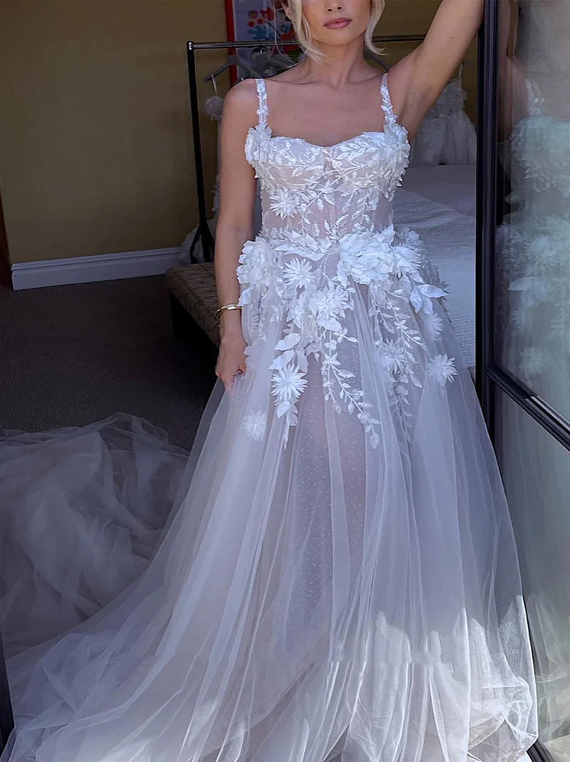 Elegant & Gorgeous A-Line Wedding Dresses Spaghetti Appliqued Beads Tulle Bridal Gowns Custom With Side Slit