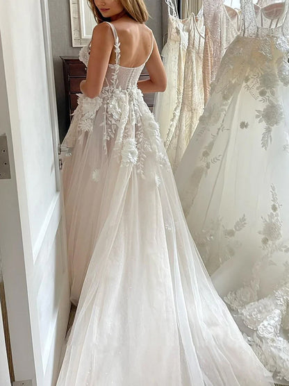 Elegant & Gorgeous A-Line Wedding Dresses Spaghetti Appliqued Beads Tulle Bridal Gowns Custom With Side Slit