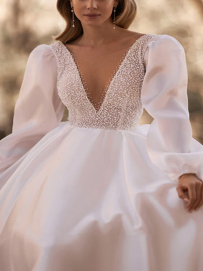 Elegant & Luxurious A-Line Wedding Dresses V-Neck Beads Long Sleeves Sweep Train Organza Bridal Gowns