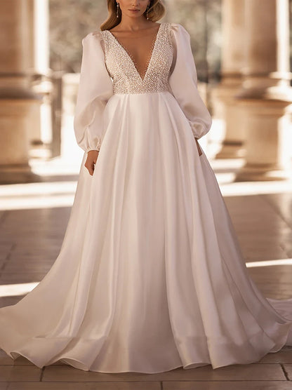 Elegant & Luxurious A-Line Wedding Dresses V-Neck Beads Long Sleeves Sweep Train Organza Bridal Gowns