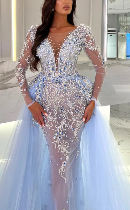 RP812-New Arrivals Mermaid Sky Blue Scoop Beads Sequins Appliqued Tulle Long Sleeves Long Prom Evening Dresses Formal Party Gowns