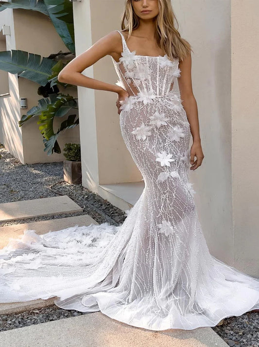 Elegant & Gorgeous Mermaid Wedding Dresses Spaghetti Appliqued Beads Tulle Bridal Gowns Custom With Sweep Train