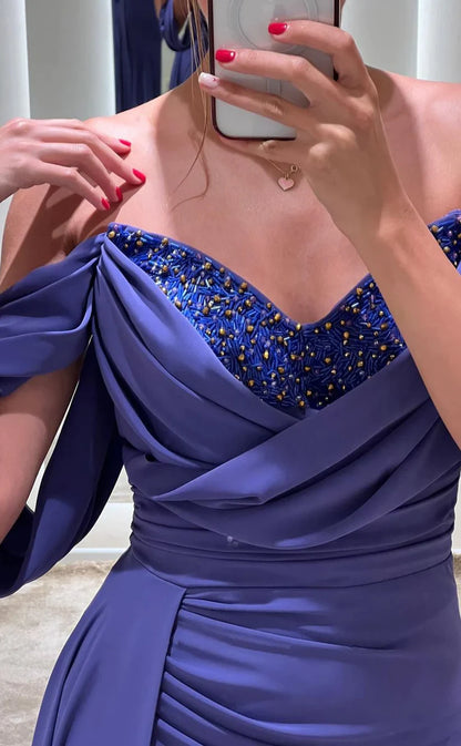 RP806-New Mermaid Off-the-Shoulder Beads Ruched Cap Sleeves Long Prom Evening Dresses Formal Party Gowns With Slit