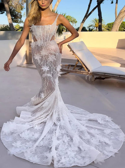 Elegant & Gorgeous Mermaid Wedding Dresses Spaghetti Appliqued Beads Tulle Bridal Gowns Custom With Sweep Train