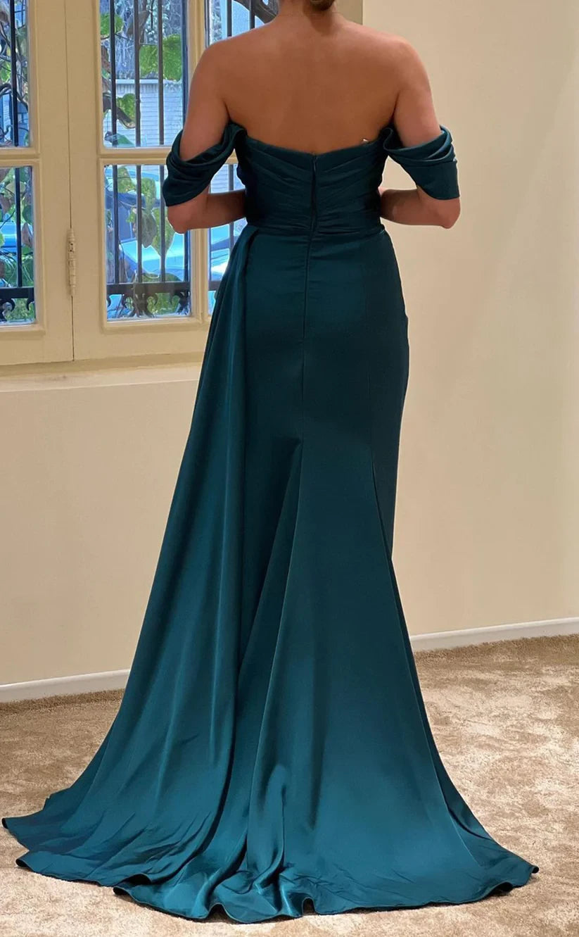 RP806-New Mermaid Off-the-Shoulder Beads Ruched Cap Sleeves Long Prom Evening Dresses Formal Party Gowns With Slit