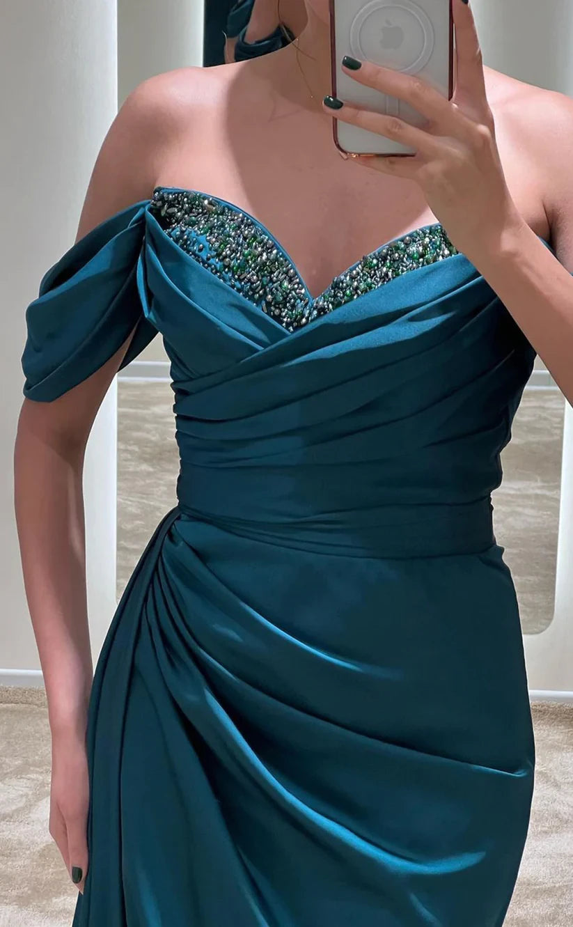 RP806-New Mermaid Off-the-Shoulder Beads Ruched Cap Sleeves Long Prom Evening Dresses Formal Party Gowns With Slit