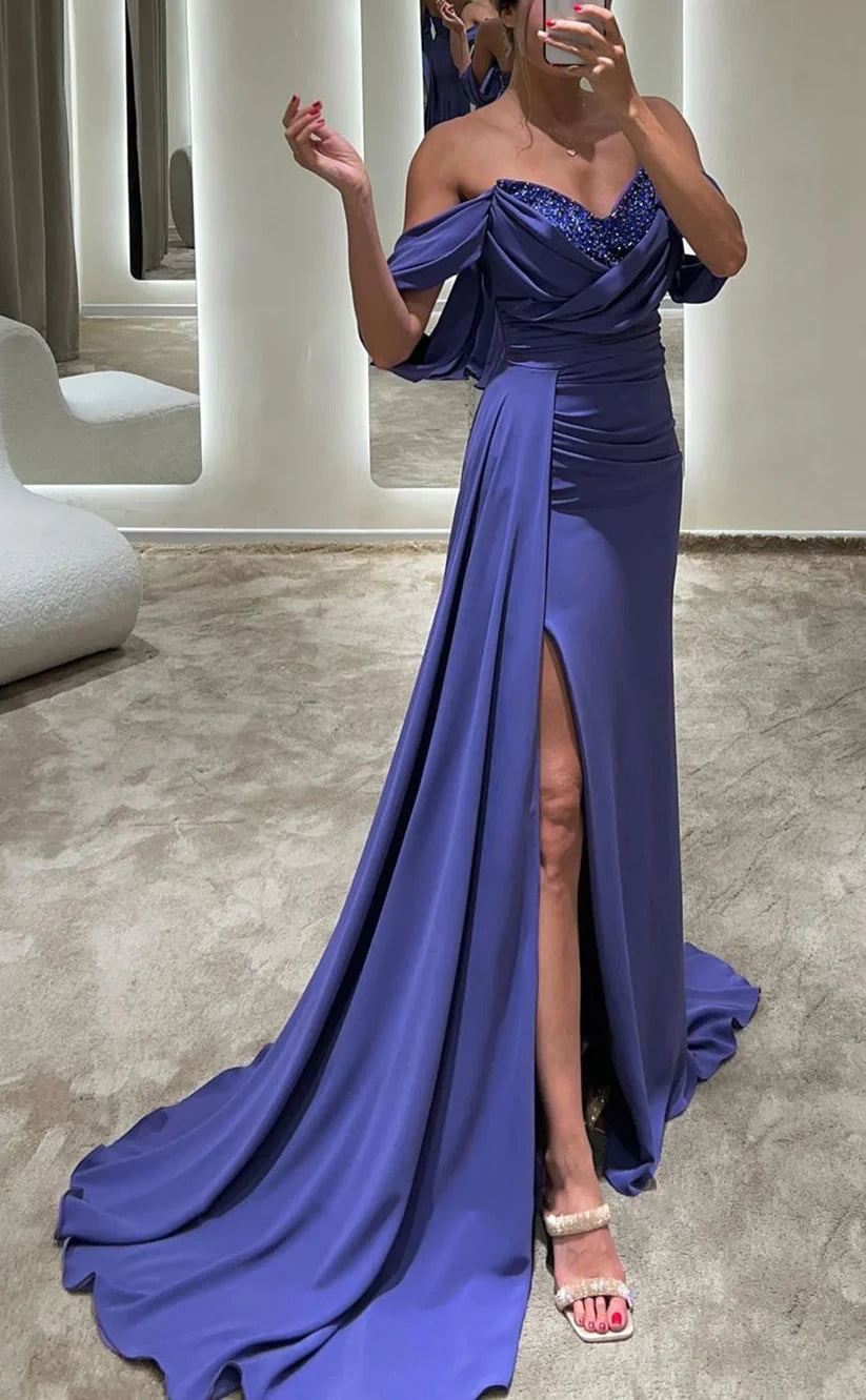 RP806-New Mermaid Off-the-Shoulder Beads Ruched Cap Sleeves Long Prom Evening Dresses Formal Party Gowns With Slit