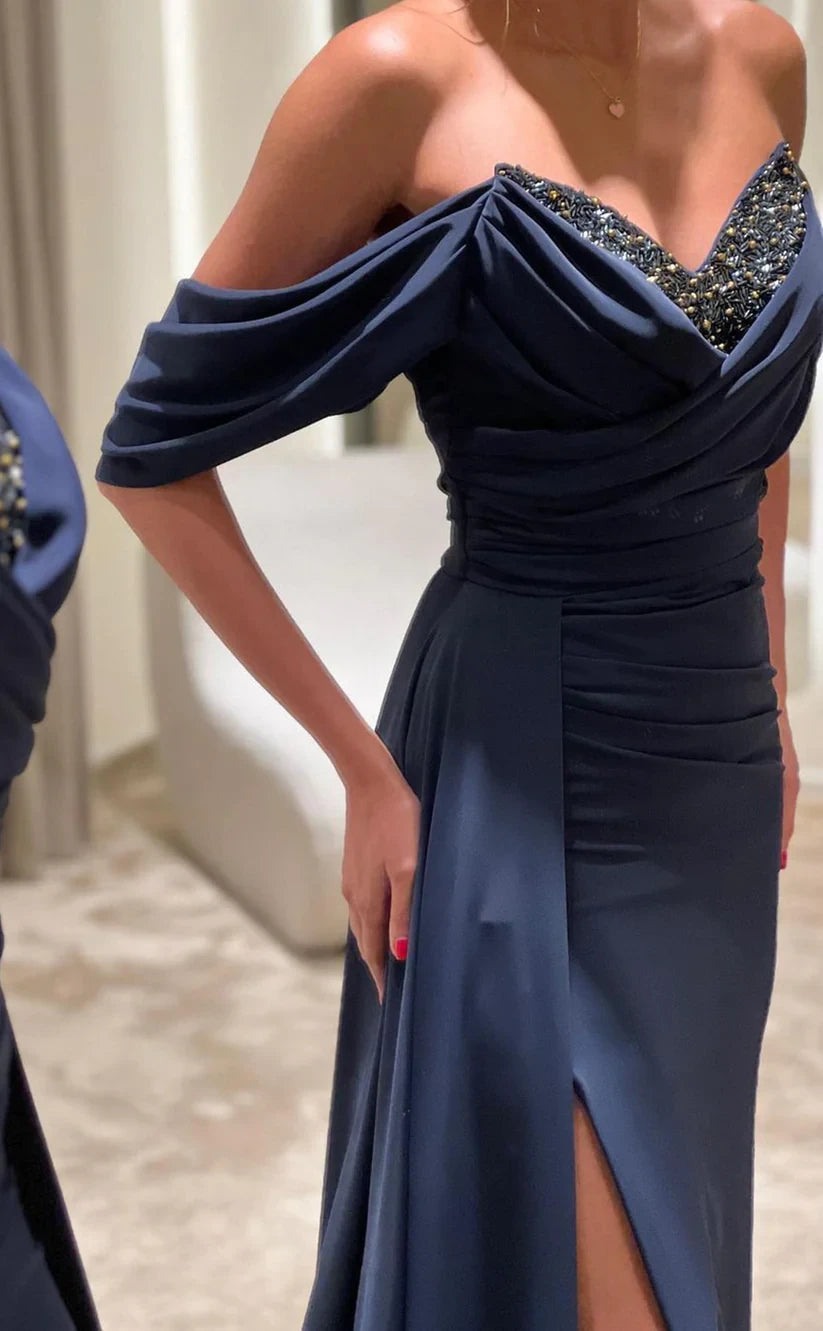 RP806-New Mermaid Off-the-Shoulder Beads Ruched Cap Sleeves Long Prom Evening Dresses Formal Party Gowns With Slit