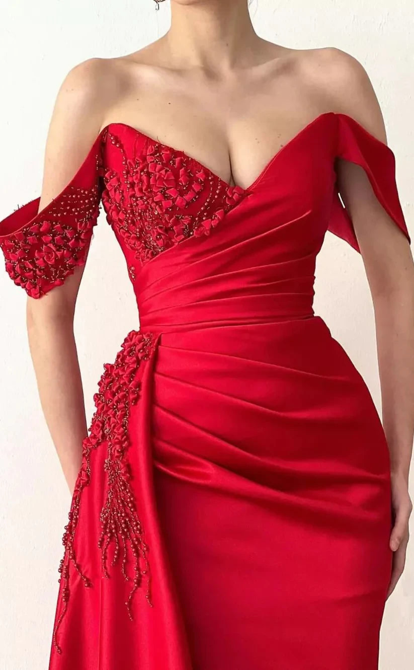 RP805-New Red Mermaid Off-the-Shoulder Beads Ruched Cap Sleeves Long Prom Evening Dresses Formal Party Gowns With Slit
