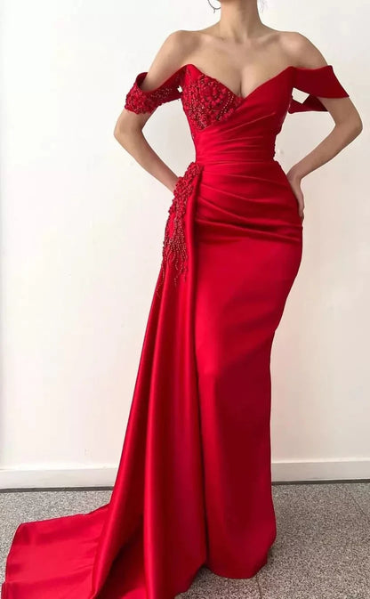 RP805-New Red Mermaid Off-the-Shoulder Beads Ruched Cap Sleeves Long Prom Evening Dresses Formal Party Gowns With Slit