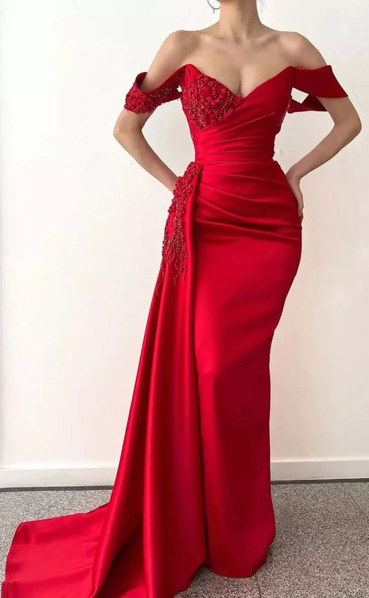 RP805-New Red Mermaid Off-the-Shoulder Beads Ruched Cap Sleeves Long Prom Evening Dresses Formal Party Gowns With Slit