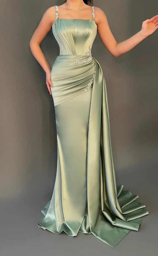 RP1758-Fashionable mint Mermaid Spaghetti Crystals Sleeveless Satin Prom Evening Dresses Formal Party Gowns With Train