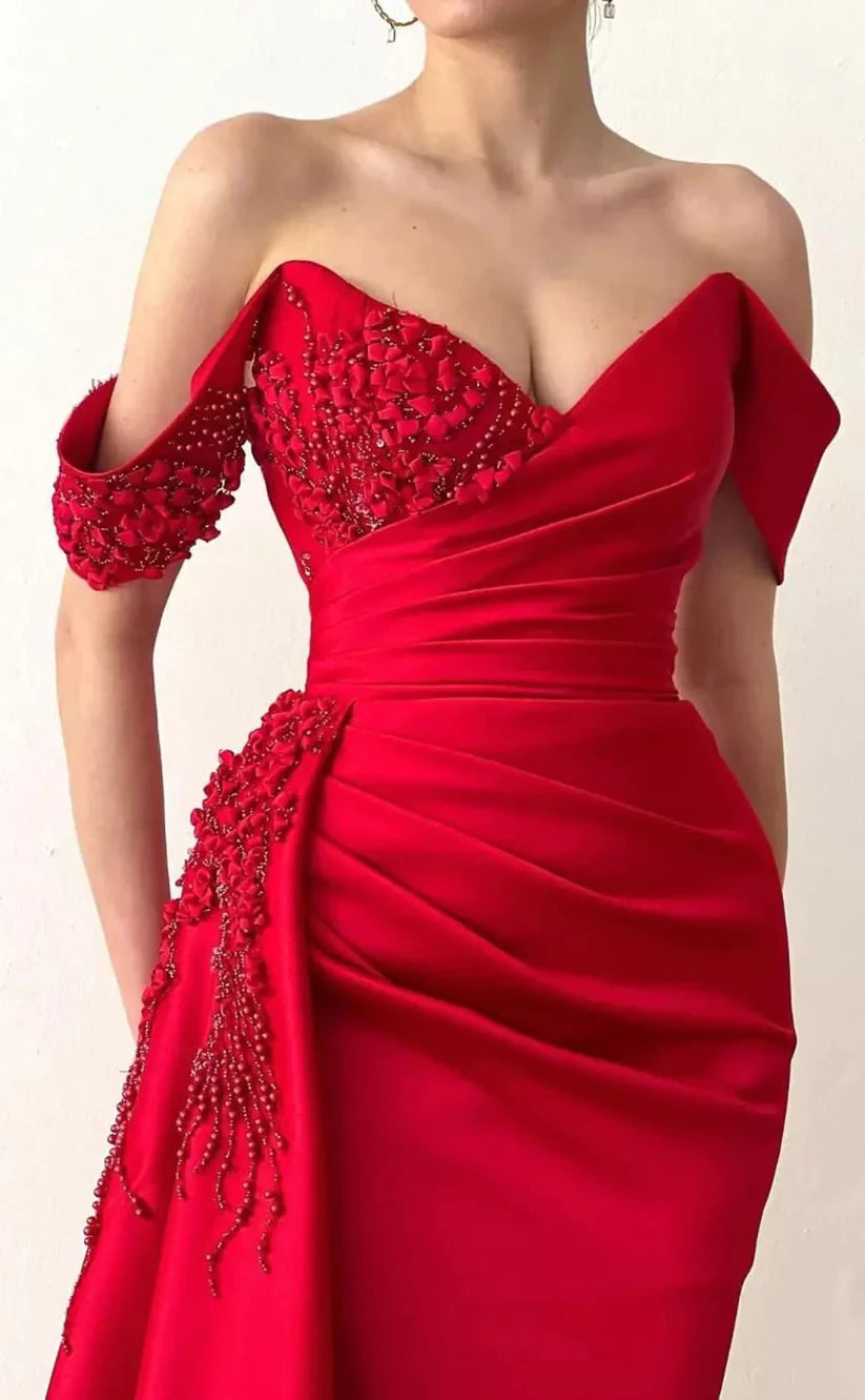 RP805-New Red Mermaid Off-the-Shoulder Beads Ruched Cap Sleeves Long Prom Evening Dresses Formal Party Gowns With Slit