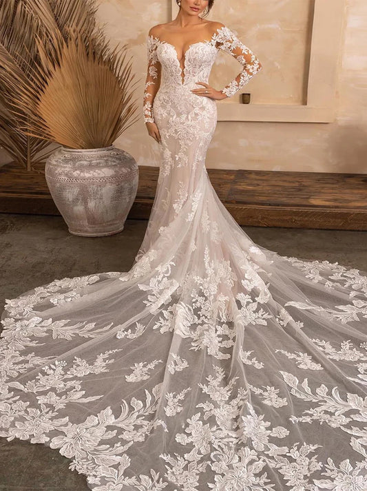 Charming & Luxurious Mermaid Wedding Dresses Scoop Appliqued Beads Long Sleeves Tulle Bridal Gowns Custom Made With Court Train