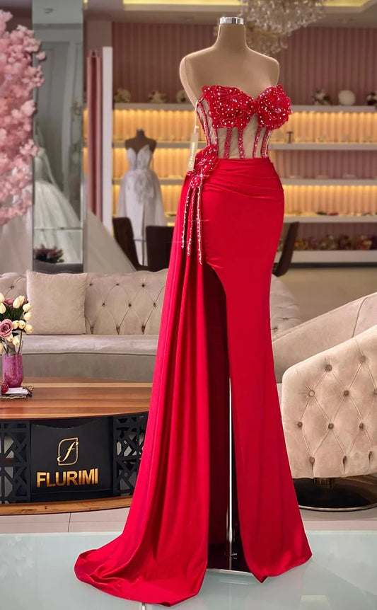 RP395-Gorgeous Red Mermaid Sweetheart Beaded Ruched Sequins Sleeveless Satin Prom Evening Dresses Formal Party Gowns With Slit