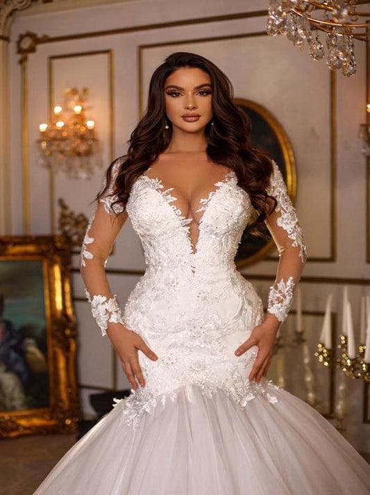 Sexy Mermaid Wedding Dresses V-Neck Appliques Beads Illusion Long Sleeves Tulle Covered Buttons Sweep Train Bridal Gowns