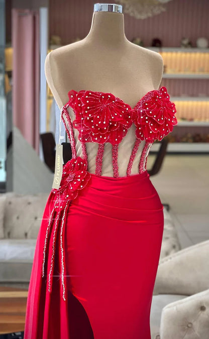 RP395-Gorgeous Red Mermaid Sweetheart Beaded Ruched Sequins Sleeveless Satin Prom Evening Dresses Formal Party Gowns With Slit