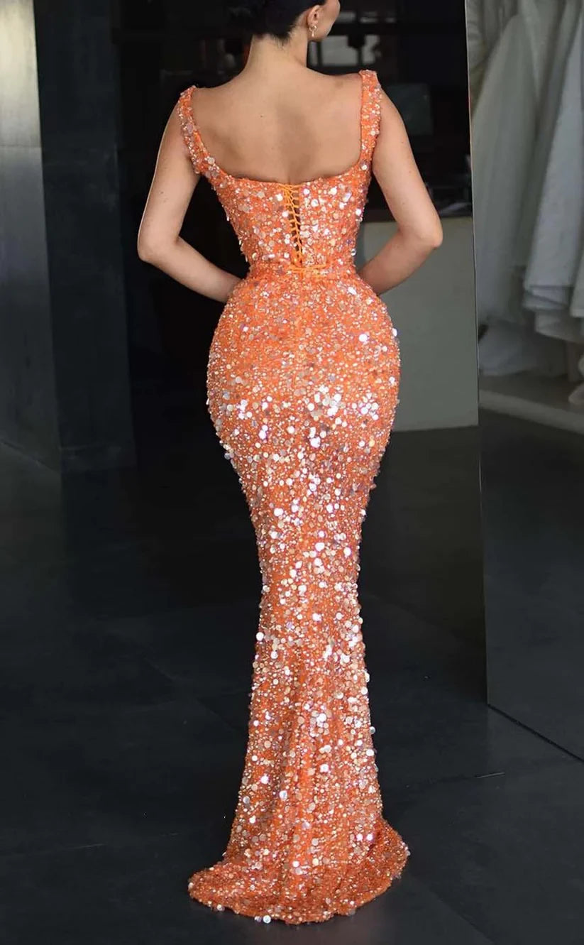 RP803-Sparkling Orange Mermaid Spaghetti Sequins Beads Sleeveless Long Prom Evening Dresses Formal Party Gowns With Slit