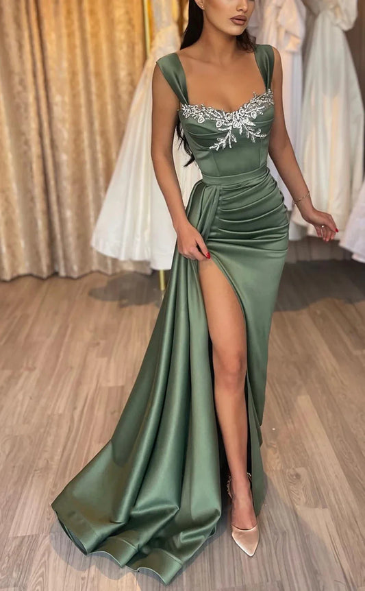 RP1761-New Mint Mermaid Off-the-Shoulder Appliqued Pleated Sleeveless Satin Prom Evening Dresses Formal Party Gowns With Slit