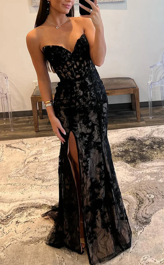 RP1763-Elegant Black Mermaid Sweetheart Appliqued Sleeveless Lace Prom Evening Dresses Formal Party Gowns With Slit