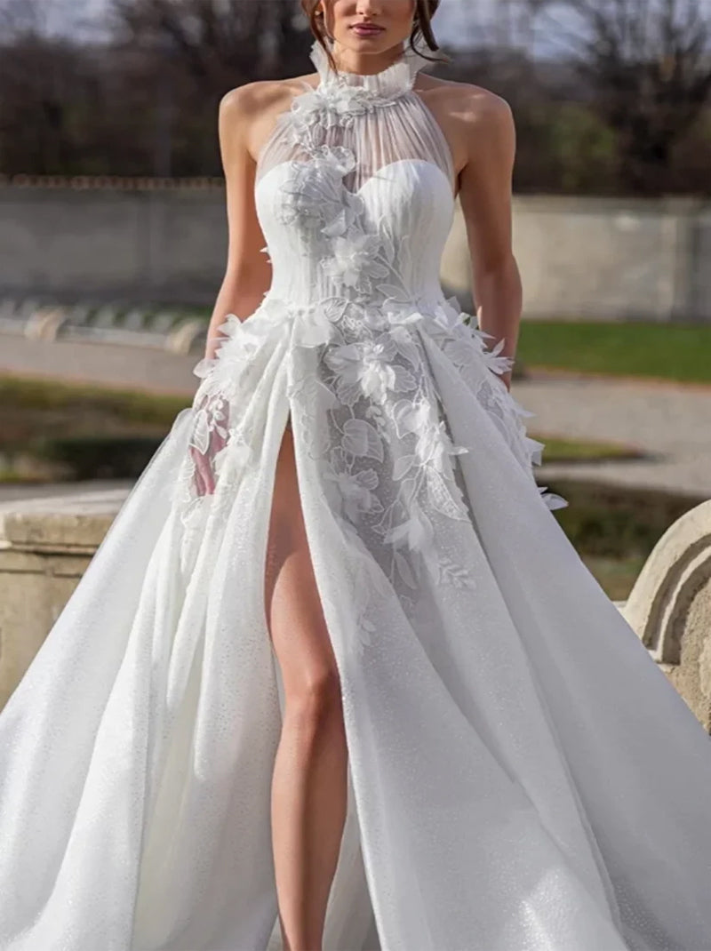 Classic A-Line Wedding Dresses Halter Sleeveless Appliqued Tulle Sweep Train Bridal Gowns Custom Made With Slit