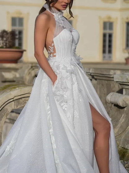 Classic A-Line Wedding Dresses Halter Sleeveless Appliqued Tulle Sweep Train Bridal Gowns Custom Made With Slit