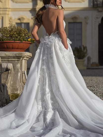 Classic A-Line Wedding Dresses Halter Sleeveless Appliqued Tulle Sweep Train Bridal Gowns Custom Made With Slit