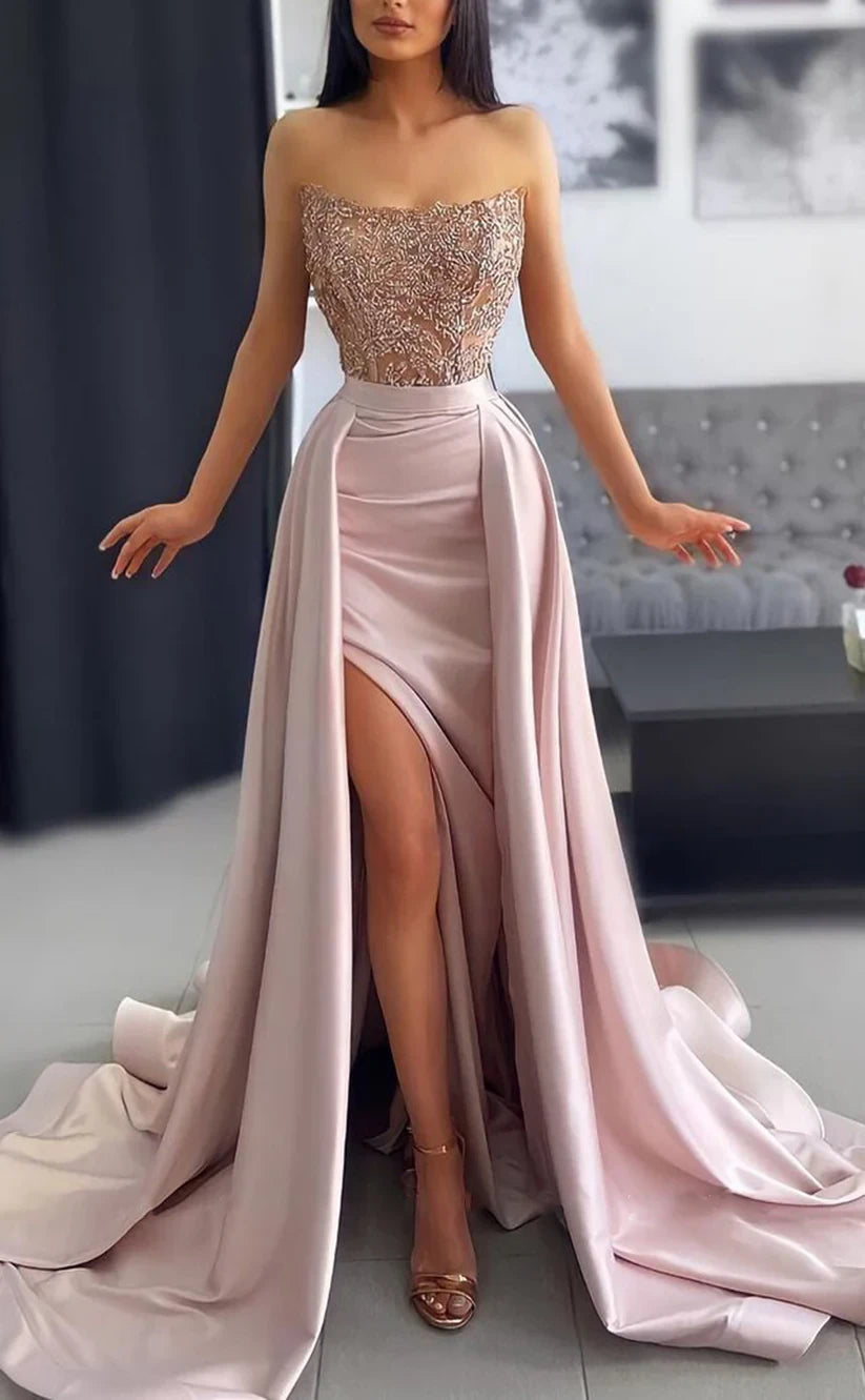 RP1764-Elegant Pink Mermaid Sweetheart Beaded Sleeveless Satin Prom Evening Dresses Formal Party Gowns With Slit