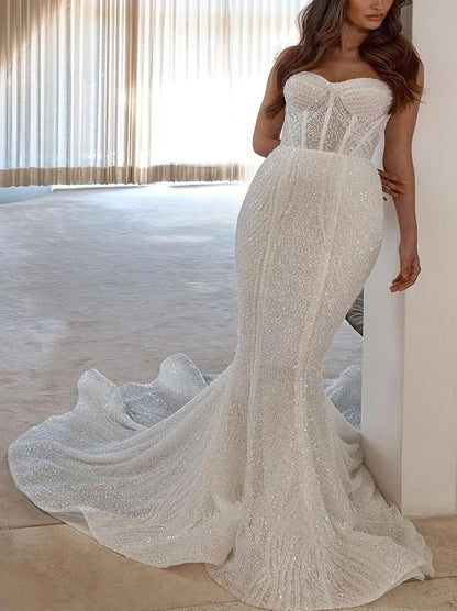 Sparkling Mermaid Wedding Dresses Sweetheart Sequins Tulle Sweep Train Bridal Gowns Custom Made