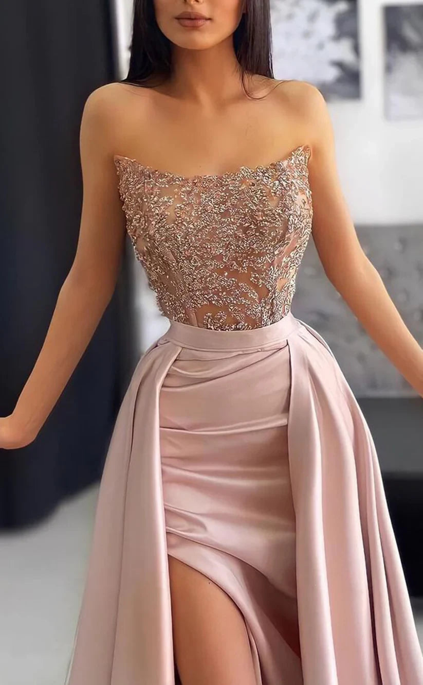 RP1764-Elegant Pink Mermaid Sweetheart Beaded Sleeveless Satin Prom Evening Dresses Formal Party Gowns With Slit