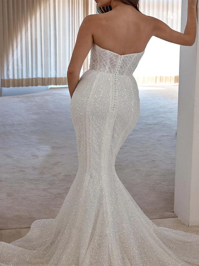 Sparkling Mermaid Wedding Dresses Sweetheart Sequins Tulle Sweep Train Bridal Gowns Custom Made