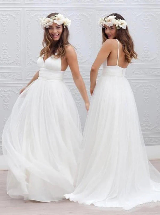 Simple A-Line Wedding Dresses Spaghetti Pleated Backless Chiffon Floor Length Bridal Gowns Custom Made