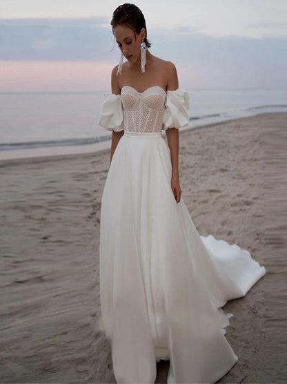 Simple Beach A-Line Wedding Dresses Sweetheart Beads Pleated Detachable Sleeves Sweep Train Backless Satin Bridal Gowns Custom Made