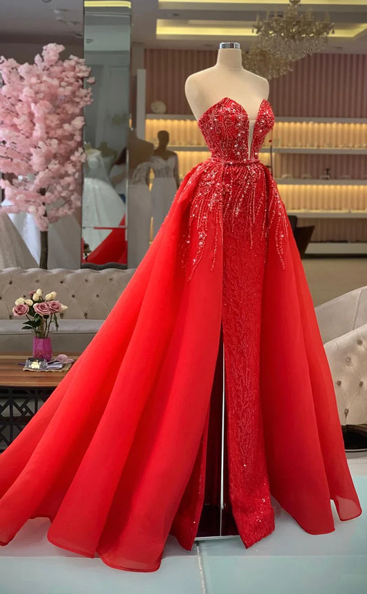 RP396-Sparkling Red A-Line Sweetheart Beaded Sequins Sleeveless Tulle Long Prom Evening Dresses Formal Party Gowns With Slit