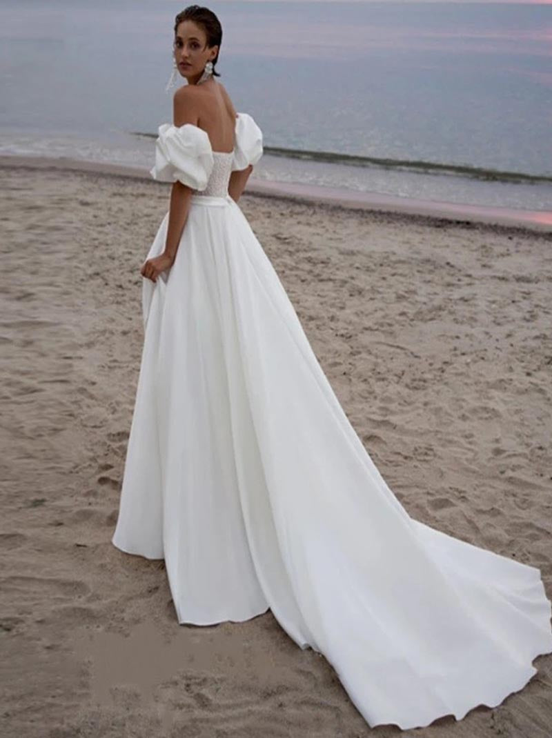 Simple Beach A-Line Wedding Dresses Sweetheart Beads Pleated Detachable Sleeves Sweep Train Backless Satin Bridal Gowns Custom Made